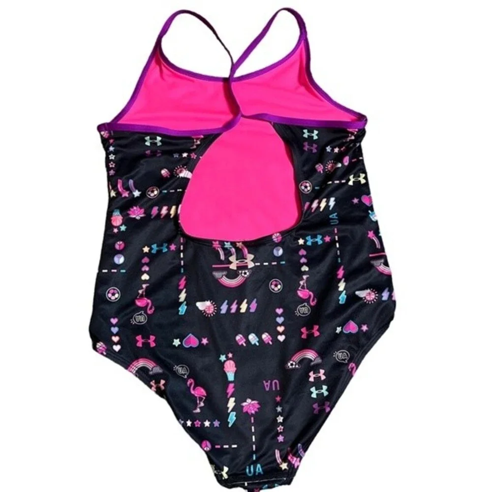 Under Armour One Piece Swimsuit Size 16 Black Hot Pink Modest Lined Graphic